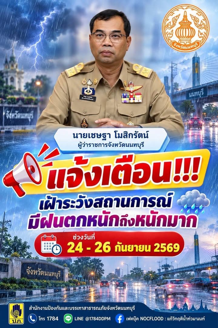 ปภ. แจ้งเตือน ประชาชนในพื้นที่ เฝ้าระวังฝนตกหนักถึงหนักมาก ช่วงวันที่ 24 - 26 กันยายน 2569 ให้เตรียมความพร้อมรับมือสถานการณ์น้ำ โดยเฉพาะพื้นที่ลุ่ม… ภาพที่ 1